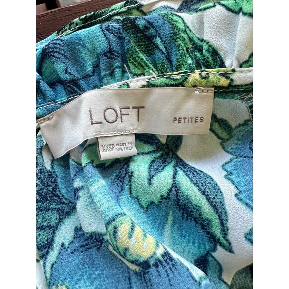 LOFT Blue and Green Floral Sleeveless Ruffle Top Blouse XXSP petite - Picture 4 of 4